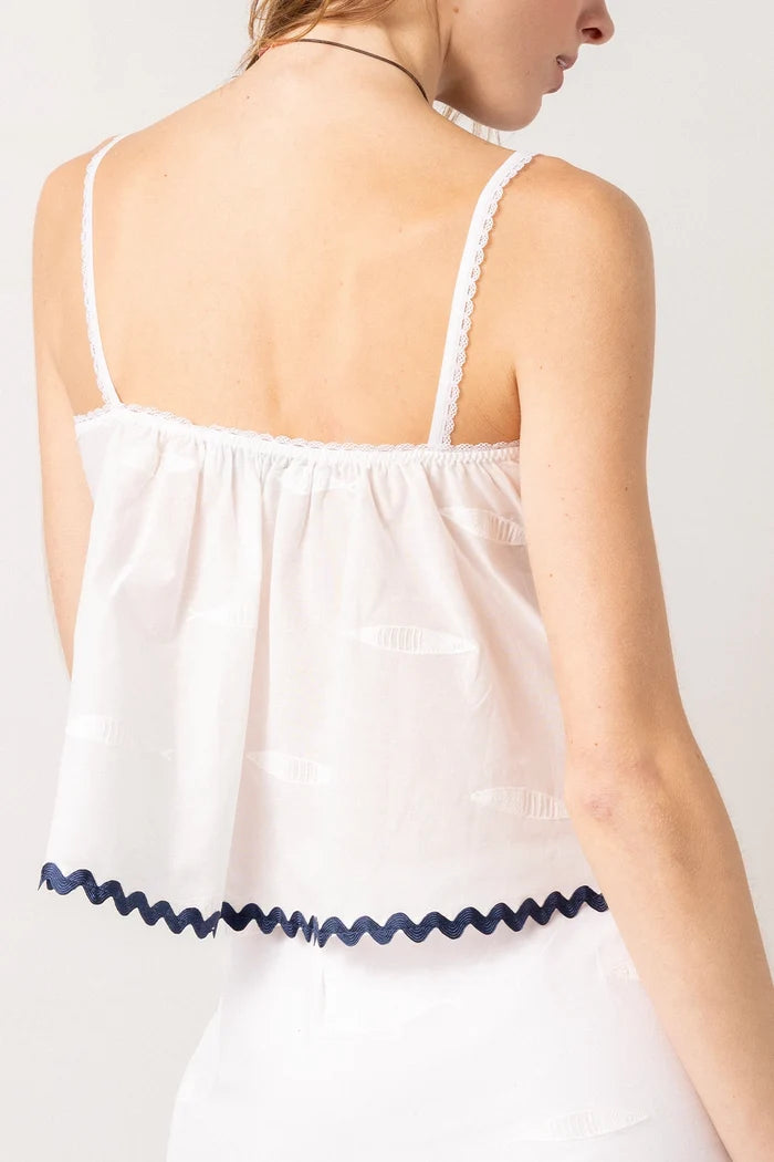 The Perfect Tank Top Embroidered Fish with Navy Trim Top Larroudé x Sheridan