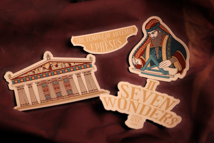 Four 'Seven Wonders Playing Cards' Temple of Artemis at Ephesus stickers on a dark background