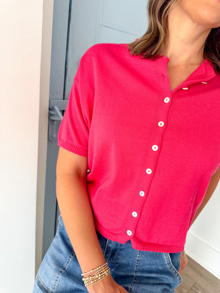 Things Between Toby Half Sleeve Fuchsia Button Cardigan – women's cardigan