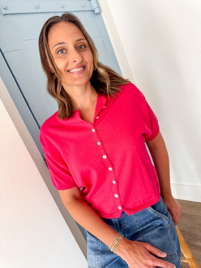 Things Between Toby Half Sleeve Fuchsia Button Cardigan – women's cardigan