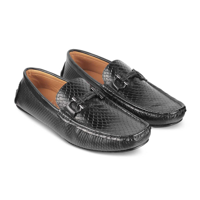 Ferro Black Men's Leather Driving Loafers with Croc-Embossed Pattern Tresmode