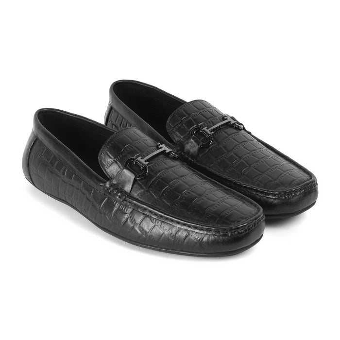 Oxile Black Men's Trendy Textured Leather Loafers Tresmode
