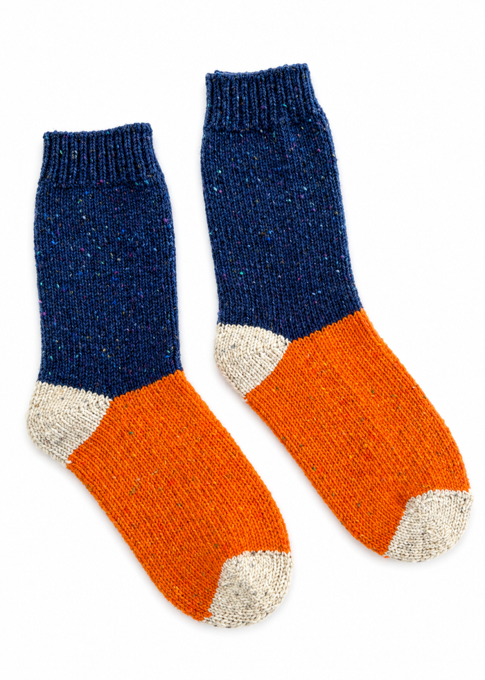 Tricolor Merino Wool Socks | Navy, Orange & Beige
