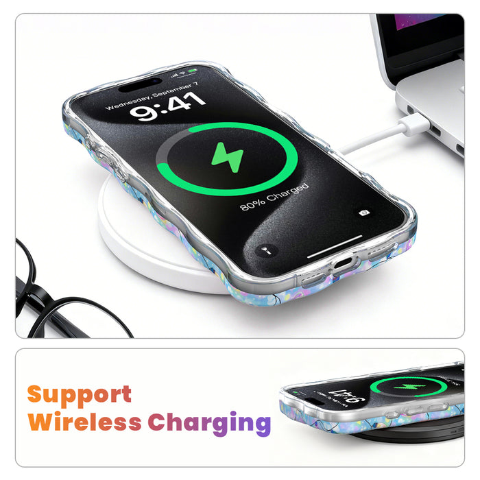 Twinkle All The Way MagSafe iPhone case on a wireless charging pad, showing wireless charging works through the case