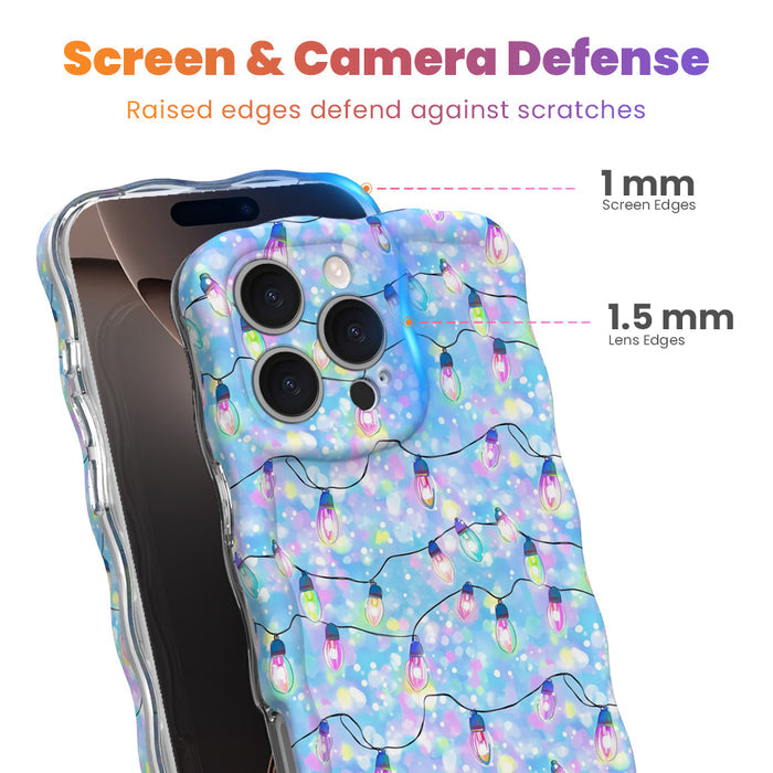 Twinkle All The Way iPhone case with 1 mm raised screen edges and 1.5 mm raised camera lens edges, glowing pastel Christmas bulbs