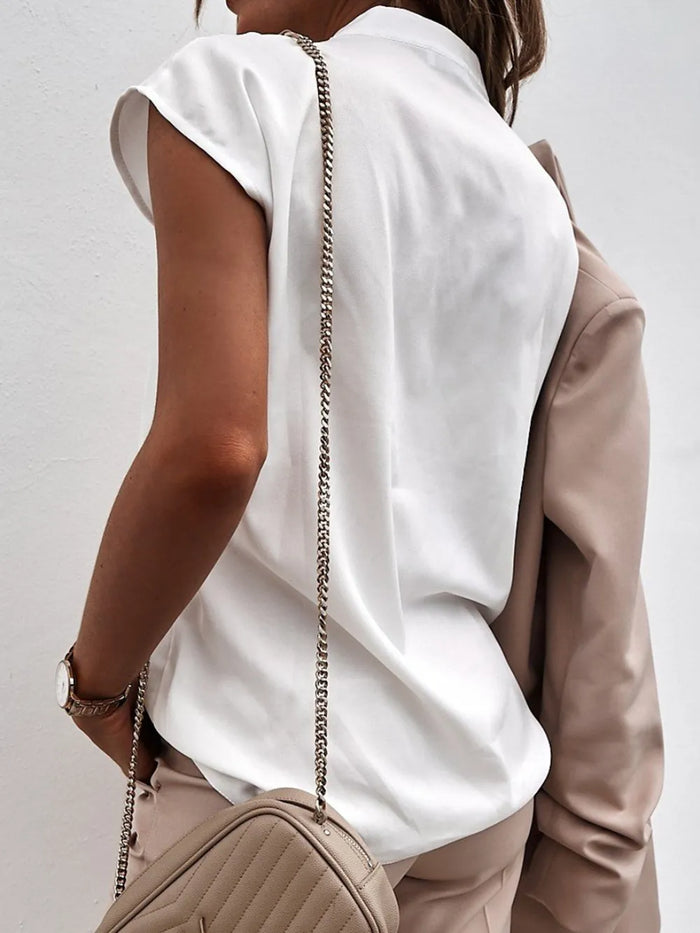 V-Neck Cap Sleeve Basic Blouse - Multicolor