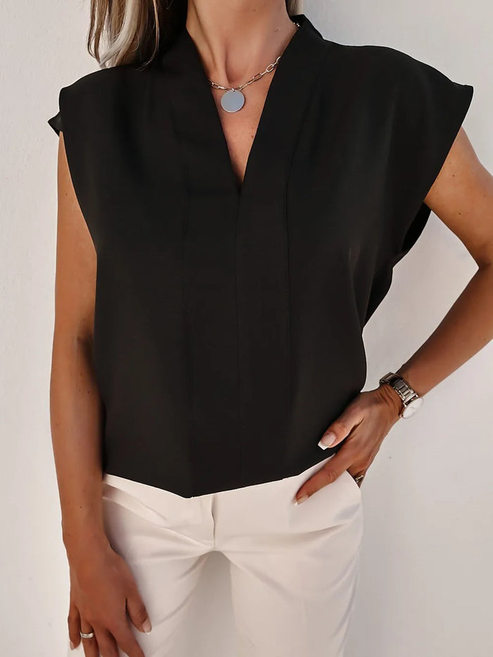 V-Neck Cap Sleeve Basic Blouse - Multicolor