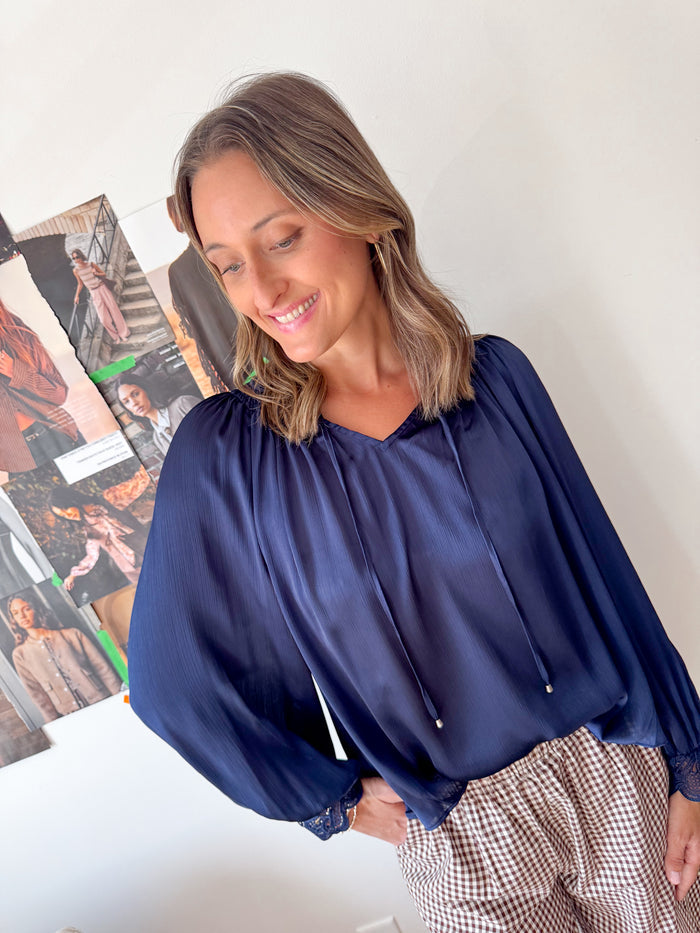 Skies Are Blue Val Lace Cuff Navy Blouse – women's blouse