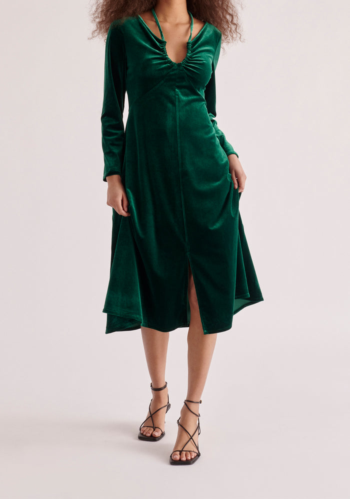 Paisie Velvet Tie-Neck Dress in Dark Green