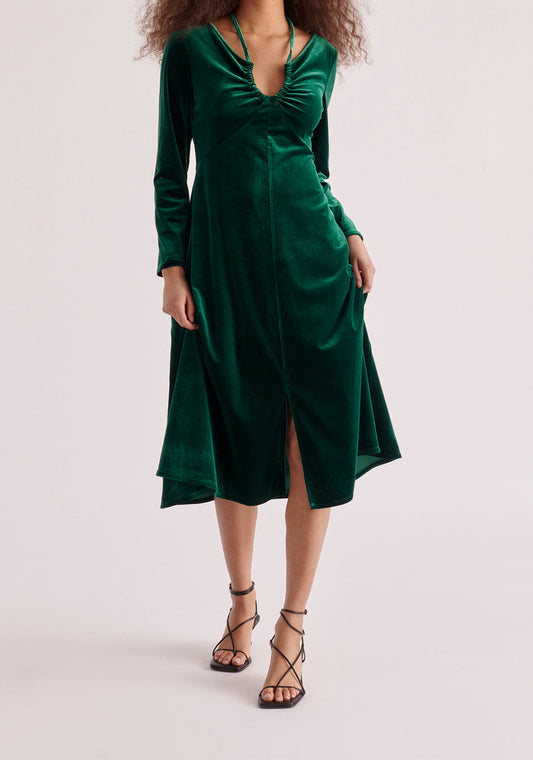 Paisie Velvet Tie-Neck Dress in Dark Green