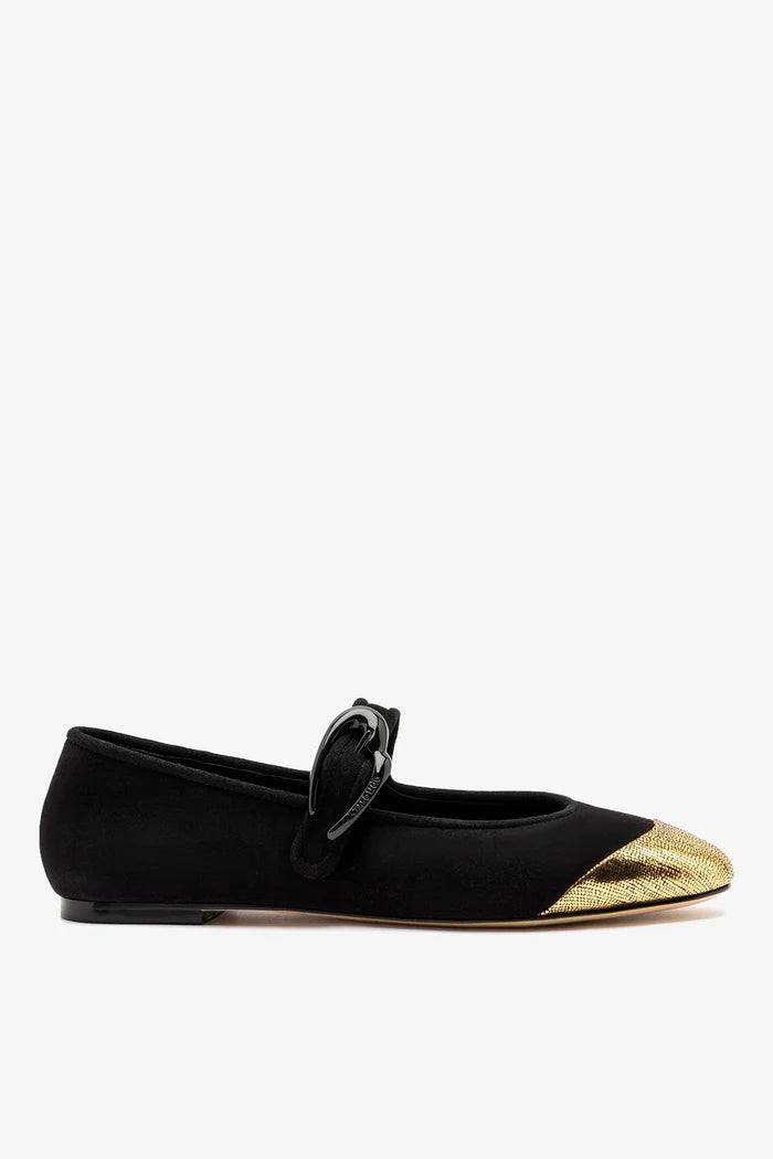 Verona Cap Ballet Flat Black Suede and Gold Leather Flat Larroudé
