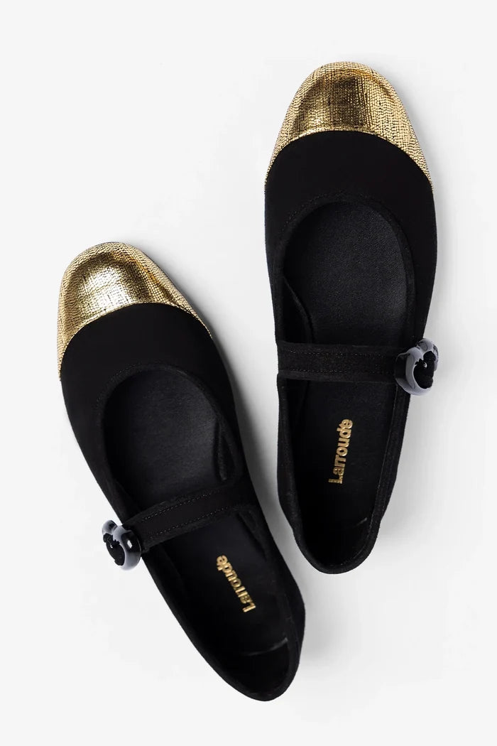 Verona Cap Ballet Flat Black Suede and Gold Leather Flat Larroudé
