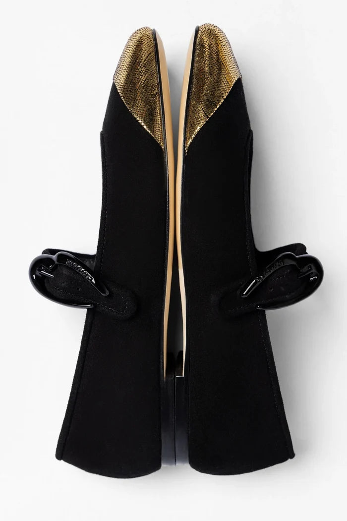 Verona Cap Ballet Flat Black Suede and Gold Leather Flat Larroudé