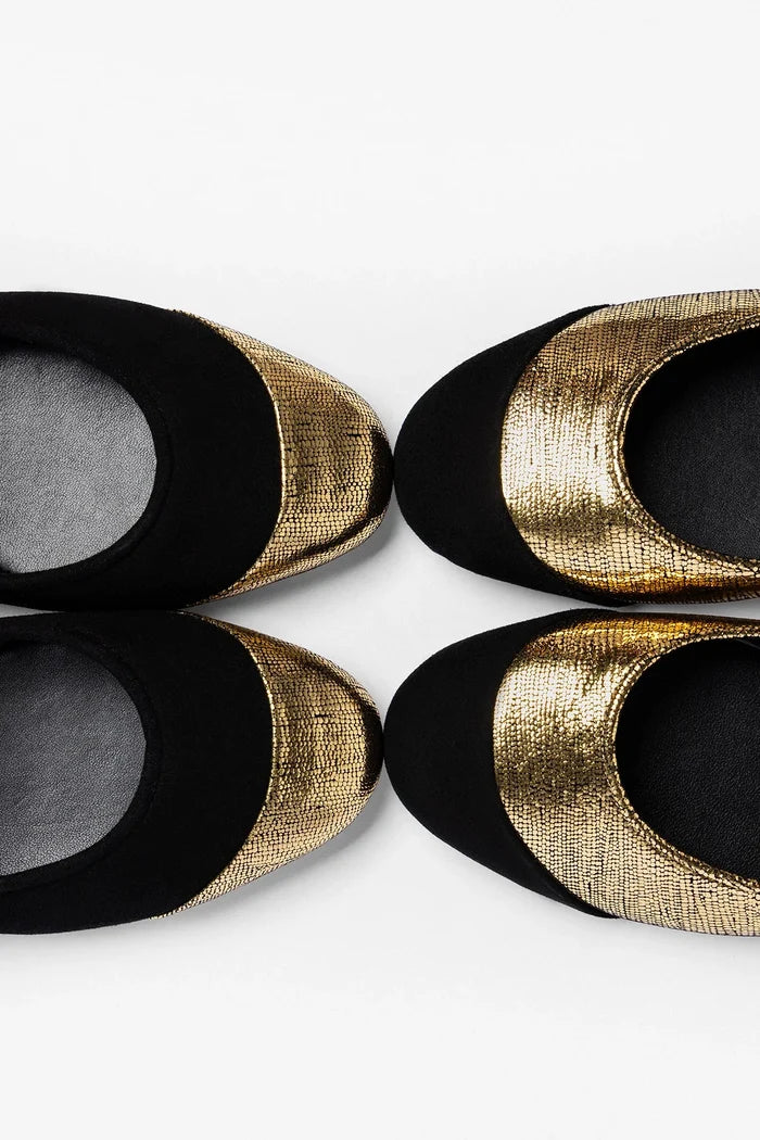 Verona Cap Ballet Flat Black Suede and Gold Leather Flat Larroudé