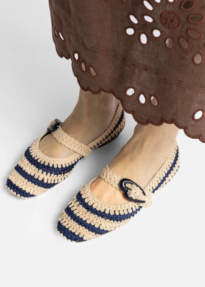 Verona Crochet Ballet Flat In Navy and Ivory Crochet Ballet Larroudé