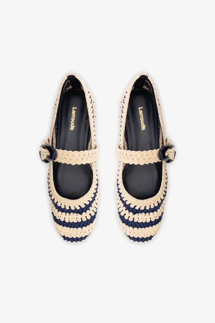 Verona Crochet Ballet Flat In Navy and Ivory Crochet Ballet Larroudé