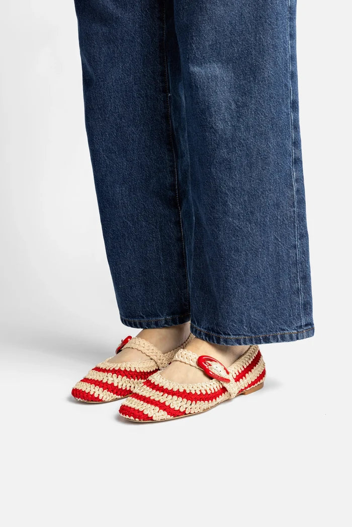 Verona Crochet Ballet Flat In Scarlet and Ivory Crochet Ballet Larroudé