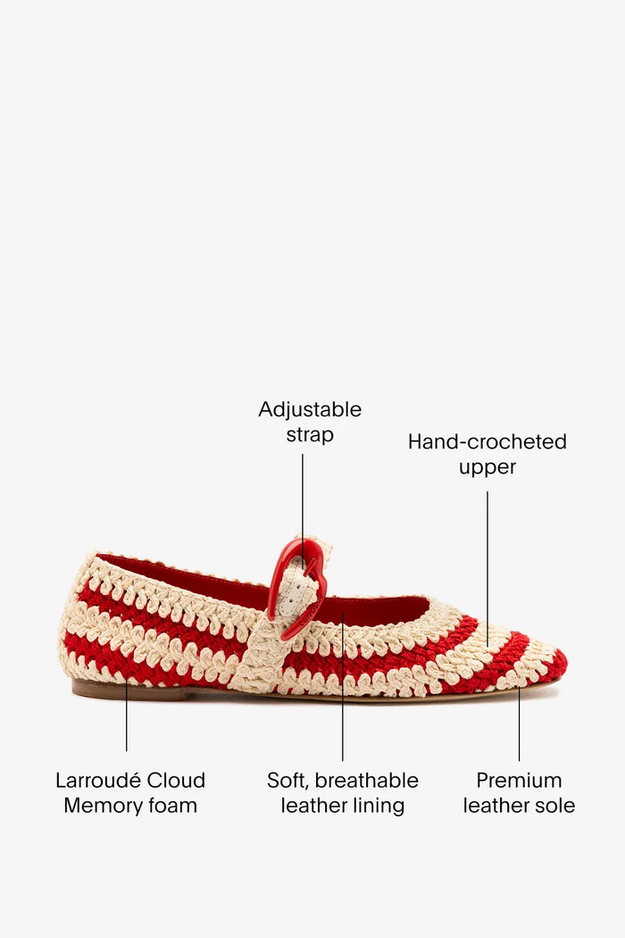 Verona Crochet Ballet Flat In Scarlet and Ivory Crochet Ballet Larroudé