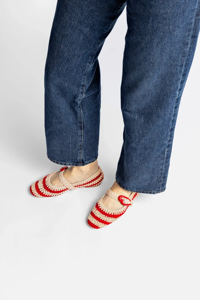 Verona Crochet Ballet Flat In Scarlet and Ivory Crochet Ballet Larroudé