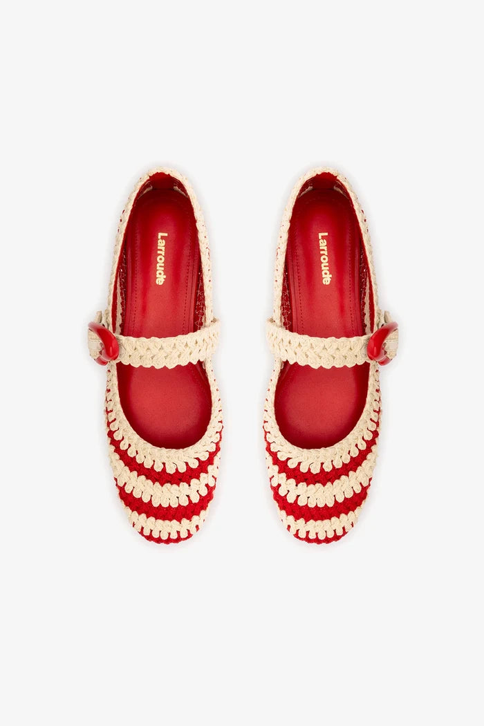 Verona Crochet Ballet Flat In Scarlet and Ivory Crochet Ballet Larroudé