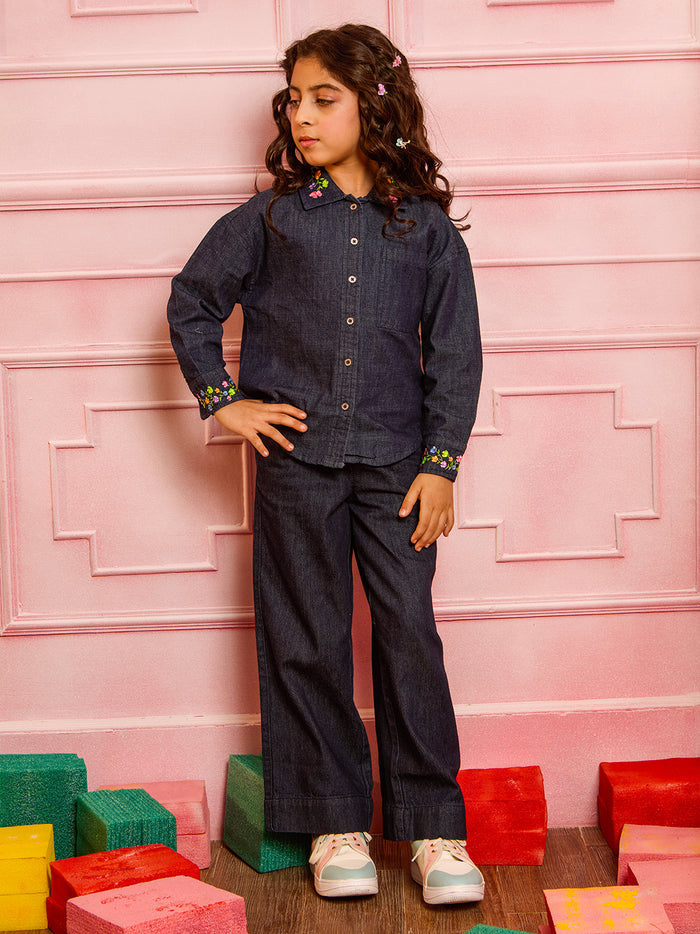 VITAMINS COLLARED NECK EMBROIDERED DENIM SHIRT