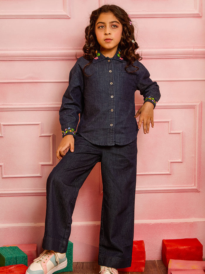 VITAMINS COLLARED NECK EMBROIDERED DENIM SHIRT
