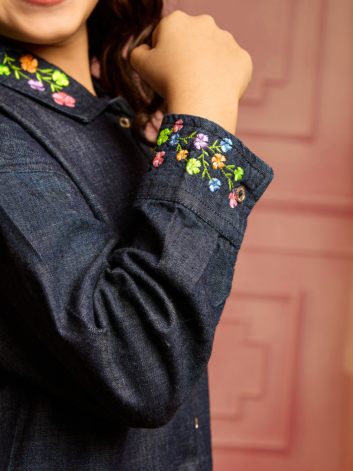 VITAMINS COLLARED NECK EMBROIDERED DENIM SHIRT