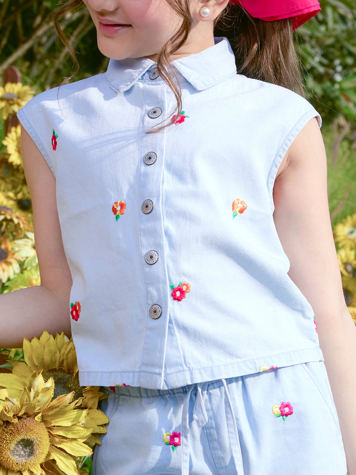 VITAMINS EMBROIDERED FLOWER DENIM MATCHING TOP