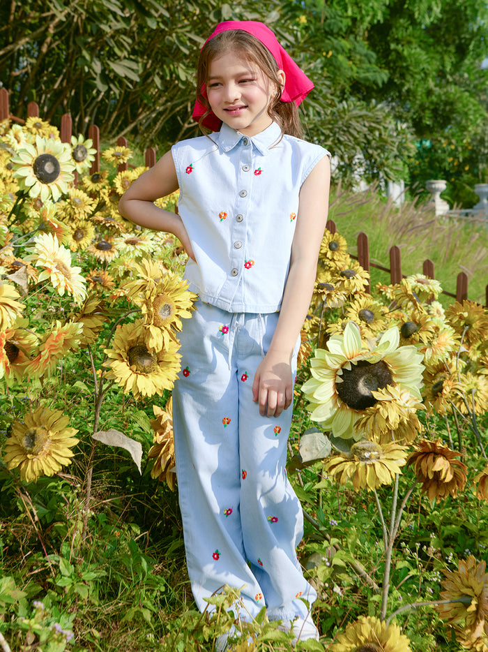 VITAMINS EMBROIDERED FLOWER DENIM MATCHING TOP