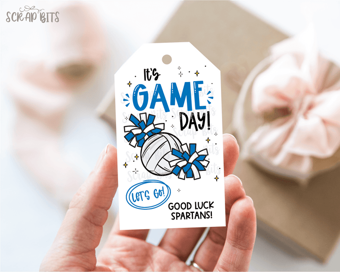 Volleyball Game Day Tags, Let's Go Pom Poms, Good Luck Treat Bag Tags - Scrap Bits