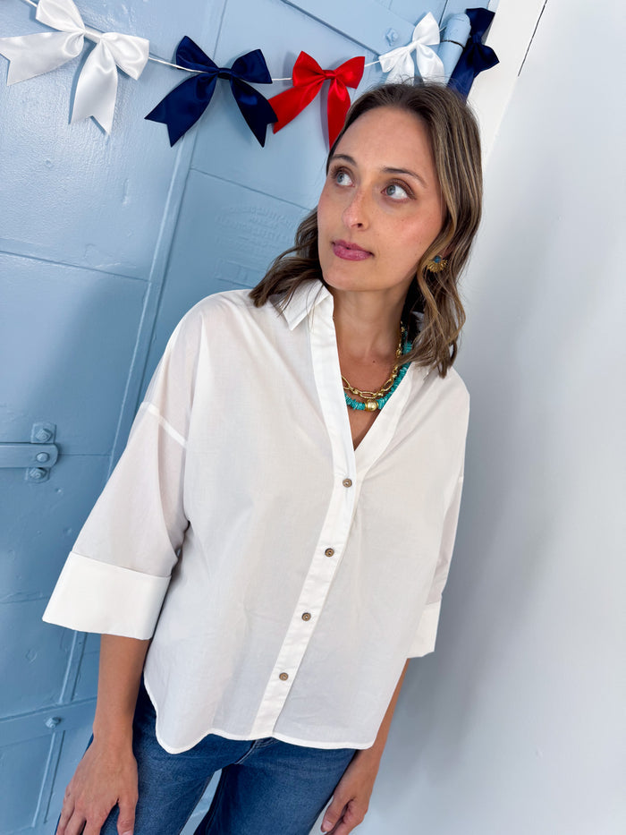 White Back Pleat Button Down Blouse