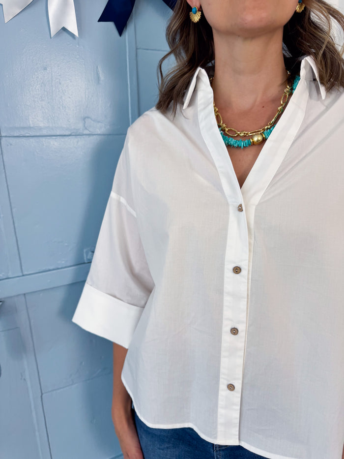 White Back Pleat Button Down Blouse