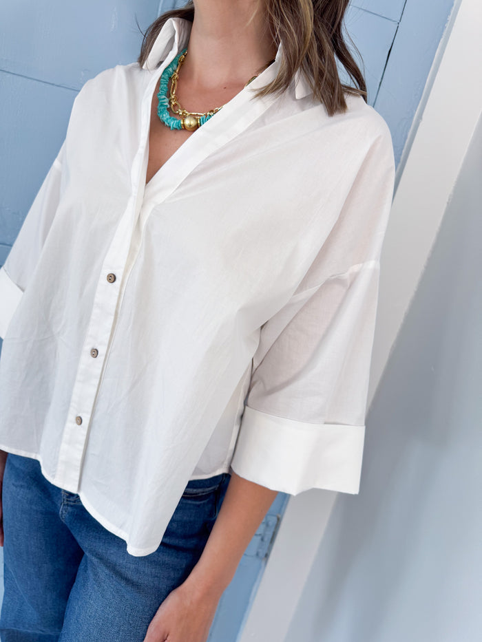 White Back Pleat Button Down Blouse