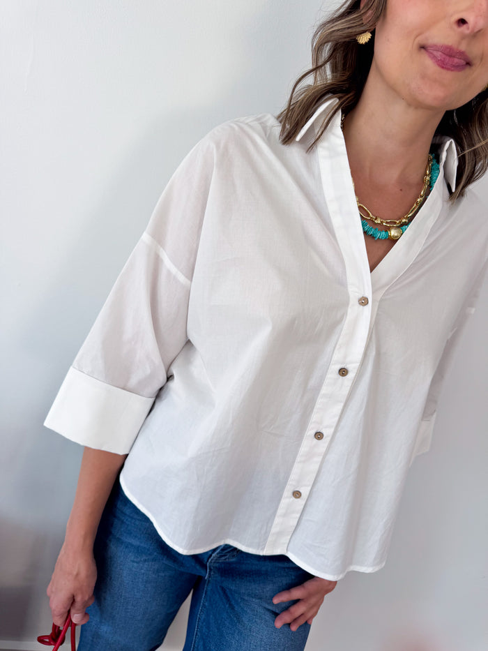 White Back Pleat Button Down Blouse