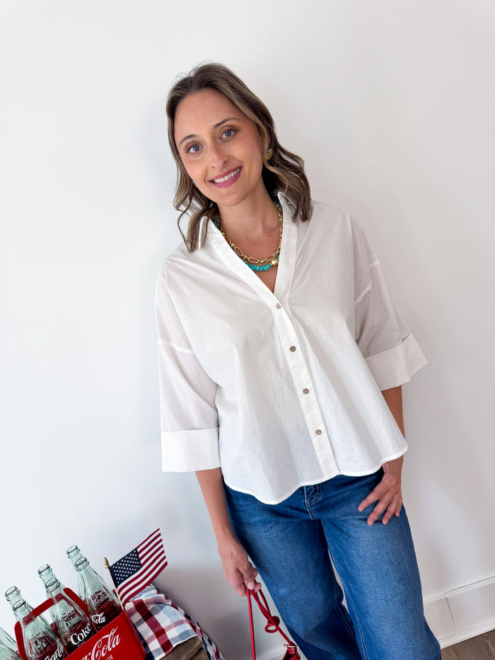White Back Pleat Button Down Blouse