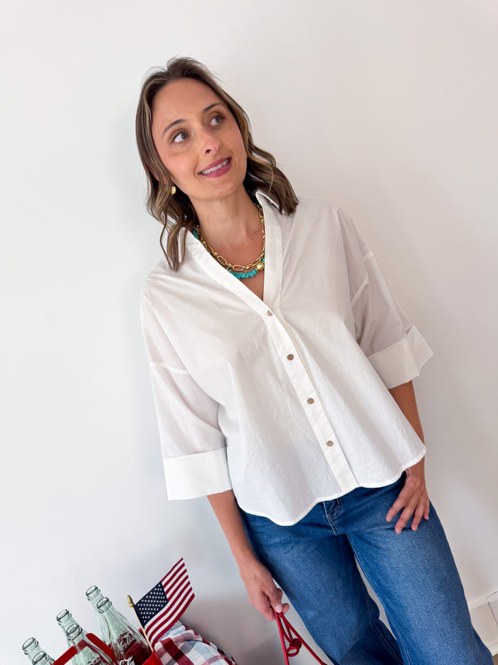 White Back Pleat Button Down Blouse