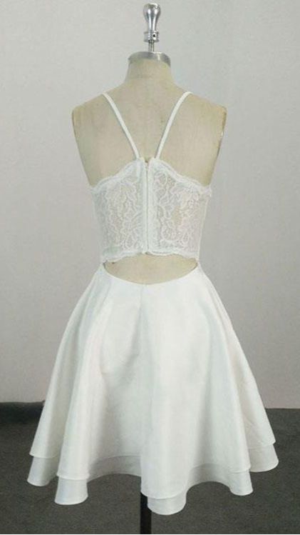 White Homecoming Dress 2021 A Line V Neck Short / Mini Satin Party Dress Summer