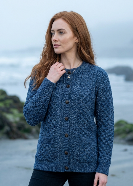 Women's Aran Lumber Cardigan - 100% Merino Wool | Denim Marl