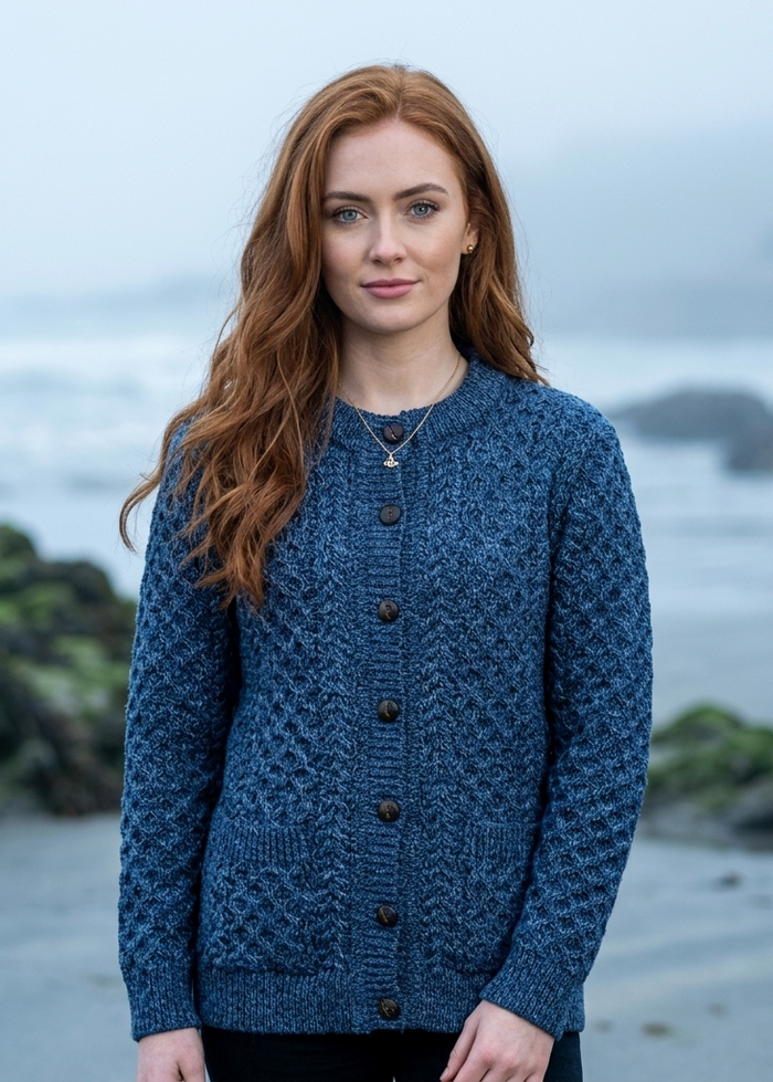 Women's Aran Lumber Cardigan - 100% Merino Wool | Denim Marl