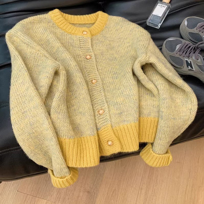 Women's oversized yellow knit cardigan, cozy loose-fit sweater