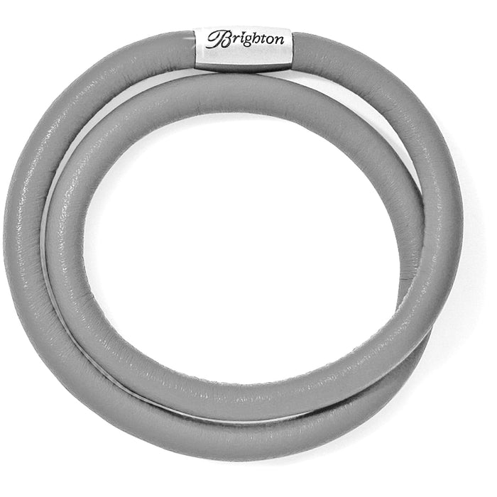 Brighton double-wrap bracelet in gray leather with silver-plated logo magnetic clasp on a white background