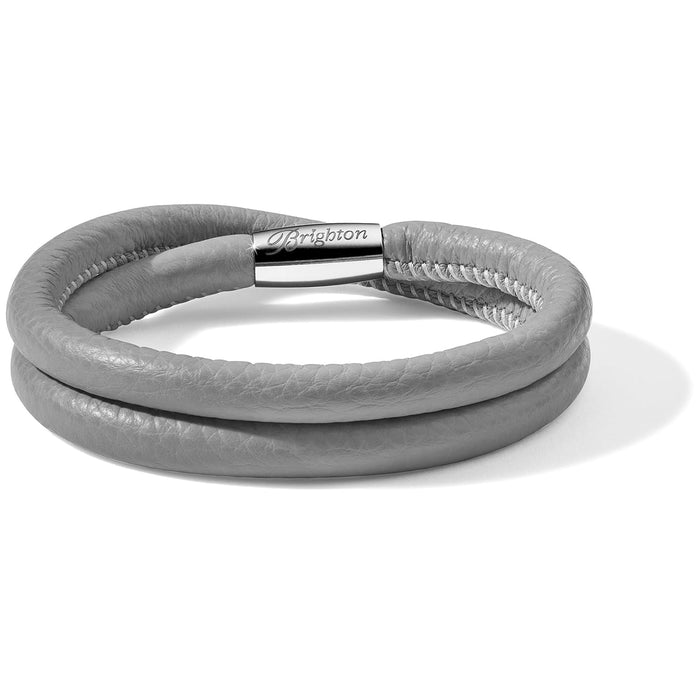 Brighton double-wrap bracelet in gray leather with silver-plated engraved clasp on a white background
