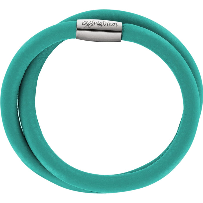 Brighton double-wrap bracelet in teal leather with silver-plated magnetic clasp engraved with logo on a white background